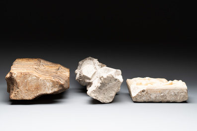 Two sculptured marble fragments and a limestone fragment, France, 14/16th C.