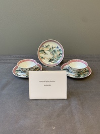 Two Chinese famille rose cups and three saucers with a fine landscape design, Yongzheng/Qianlong