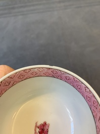 Two Chinese famille rose cups and three saucers with a fine landscape design, Yongzheng/Qianlong