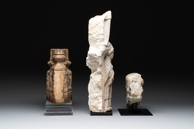 Two sculptured marble fragments and a limestone fragment, France, 14/16th C.