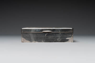 A Japanese silver cigar box with imperial crest and two commemorative silver sake cups, 19/20th C.