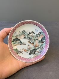 Two Chinese famille rose cups and three saucers with a fine landscape design, Yongzheng/Qianlong