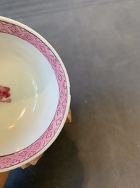 Two Chinese famille rose cups and three saucers with a fine landscape design, Yongzheng/Qianlong