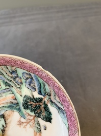 Two Chinese famille rose cups and three saucers with a fine landscape design, Yongzheng/Qianlong