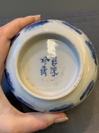 Two Chinese bleu de hue bowls and a plate for the Vietnamese market, Ruo Shen Zhen Cang 若深珍藏 and Chun He 春和 marks, 19th C.