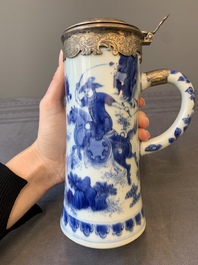A Chinese blue and white silver-mounted tankard, Transitional period