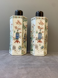A pair of Chinese famille verte hexagonal tea caddies, Kangxi