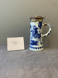 A Chinese blue and white silver-mounted tankard, Transitional period