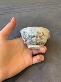 Two Chinese famille rose cups and three saucers with a fine landscape design, Yongzheng/Qianlong