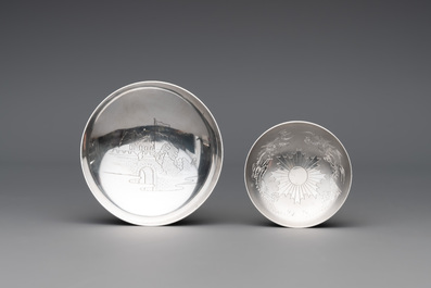 A Japanese silver cigar box with imperial crest and two commemorative silver sake cups, 19/20th C.
