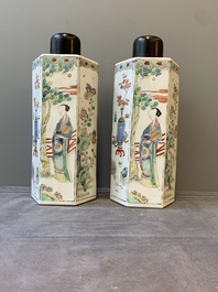A pair of Chinese famille verte hexagonal tea caddies, Kangxi