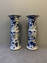 A pair of Chinese blue and white vases and a plate with narrative design, Chenghua and Kangxi marks, 19th C.