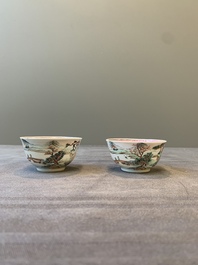 Two Chinese famille rose cups and three saucers with a fine landscape design, Yongzheng/Qianlong