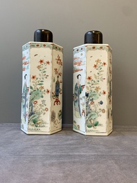 A pair of Chinese famille verte hexagonal tea caddies, Kangxi