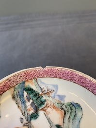 Two Chinese famille rose cups and three saucers with a fine landscape design, Yongzheng/Qianlong