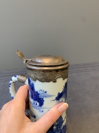 A Chinese blue and white silver-mounted tankard, Transitional period