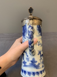 A Chinese blue and white silver-mounted tankard, Transitional period