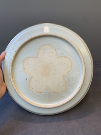 A rare Chinese silver-mounted blue and white 'Eight horses of Mu Wang' dish, Kangxi