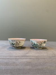 Two Chinese famille rose cups and three saucers with a fine landscape design, Yongzheng/Qianlong