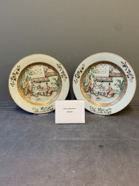 A fine pair of Chinese Canton famille rose 'ladies in the garden' plates, Yongzheng/Qianlong