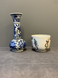 A Chinese blue and white vase after Venetian glass model, a famille verte plate and a famille rose bowl, Kangxi/Qianlong