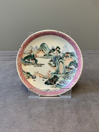 Two Chinese famille rose cups and three saucers with a fine landscape design, Yongzheng/Qianlong