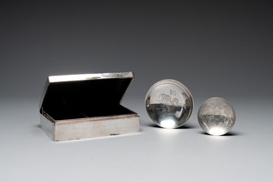 A Japanese silver cigar box with imperial crest and two commemorative silver sake cups, 19/20th C.