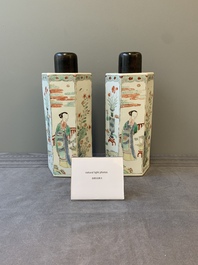 A pair of Chinese famille verte hexagonal tea caddies, Kangxi