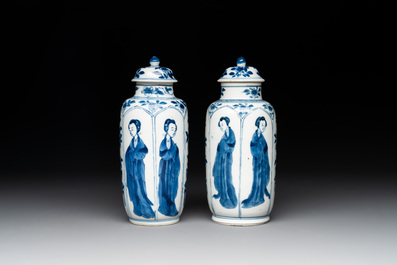 A pair of Chinese blue and white 'Long Eliza' vases and covers, jade mark, Kangxi