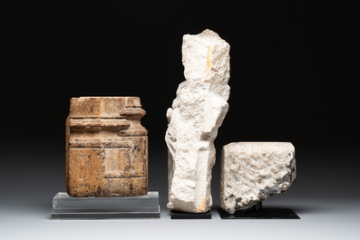 Two sculptured marble fragments and a limestone fragment, France, 14/16th C.