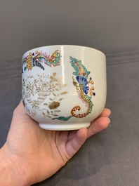 A Chinese blue and white vase after Venetian glass model, a famille verte plate and a famille rose bowl, Kangxi/Qianlong