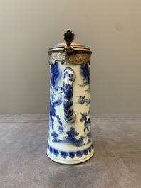 A Chinese blue and white silver-mounted tankard, Transitional period