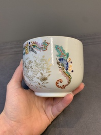 A Chinese blue and white vase after Venetian glass model, a famille verte plate and a famille rose bowl, Kangxi/Qianlong