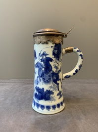 A Chinese blue and white silver-mounted tankard, Transitional period