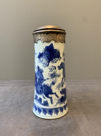 A Chinese blue and white silver-mounted tankard, Transitional period
