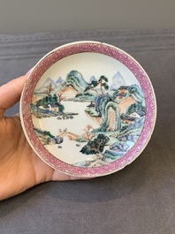 Two Chinese famille rose cups and three saucers with a fine landscape design, Yongzheng/Qianlong