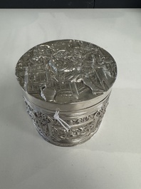 Two silver bottle stoppers, a tobacco box and a baby rattle with red coral teether, Germany, 19/20th C.