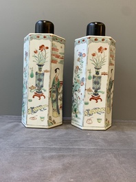 A pair of Chinese famille verte hexagonal tea caddies, Kangxi