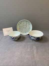 Two Chinese bleu de hue bowls and a plate for the Vietnamese market, Ruo Shen Zhen Cang 若深珍藏 and Chun He 春和 marks, 19th C.