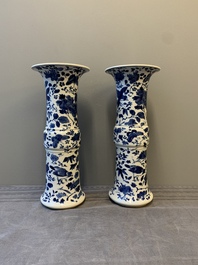 A pair of Chinese blue and white vases and a plate with narrative design, Chenghua and Kangxi marks, 19th C.