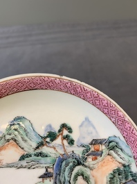 Two Chinese famille rose cups and three saucers with a fine landscape design, Yongzheng/Qianlong