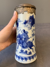 A Chinese blue and white silver-mounted tankard, Transitional period