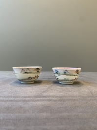 Two Chinese famille rose cups and three saucers with a fine landscape design, Yongzheng/Qianlong