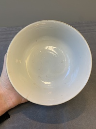 Two Chinese bleu de hue bowls and a plate for the Vietnamese market, Ruo Shen Zhen Cang 若深珍藏 and Chun He 春和 marks, 19th C.