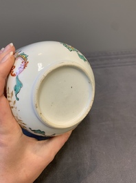 A Chinese blue and white vase after Venetian glass model, a famille verte plate and a famille rose bowl, Kangxi/Qianlong
