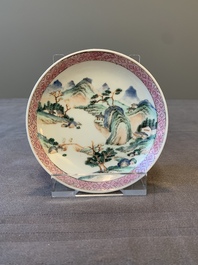 Two Chinese famille rose cups and three saucers with a fine landscape design, Yongzheng/Qianlong