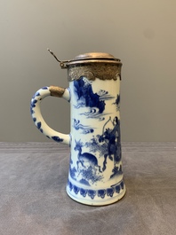 A Chinese blue and white silver-mounted tankard, Transitional period