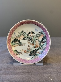 Two Chinese famille rose cups and three saucers with a fine landscape design, Yongzheng/Qianlong