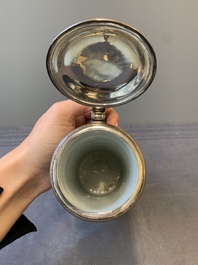 A Chinese blue and white silver-mounted tankard, Transitional period