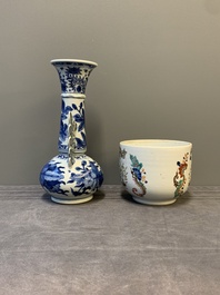 A Chinese blue and white vase after Venetian glass model, a famille verte plate and a famille rose bowl, Kangxi/Qianlong